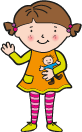 cartoon girl waving, holding a small toy